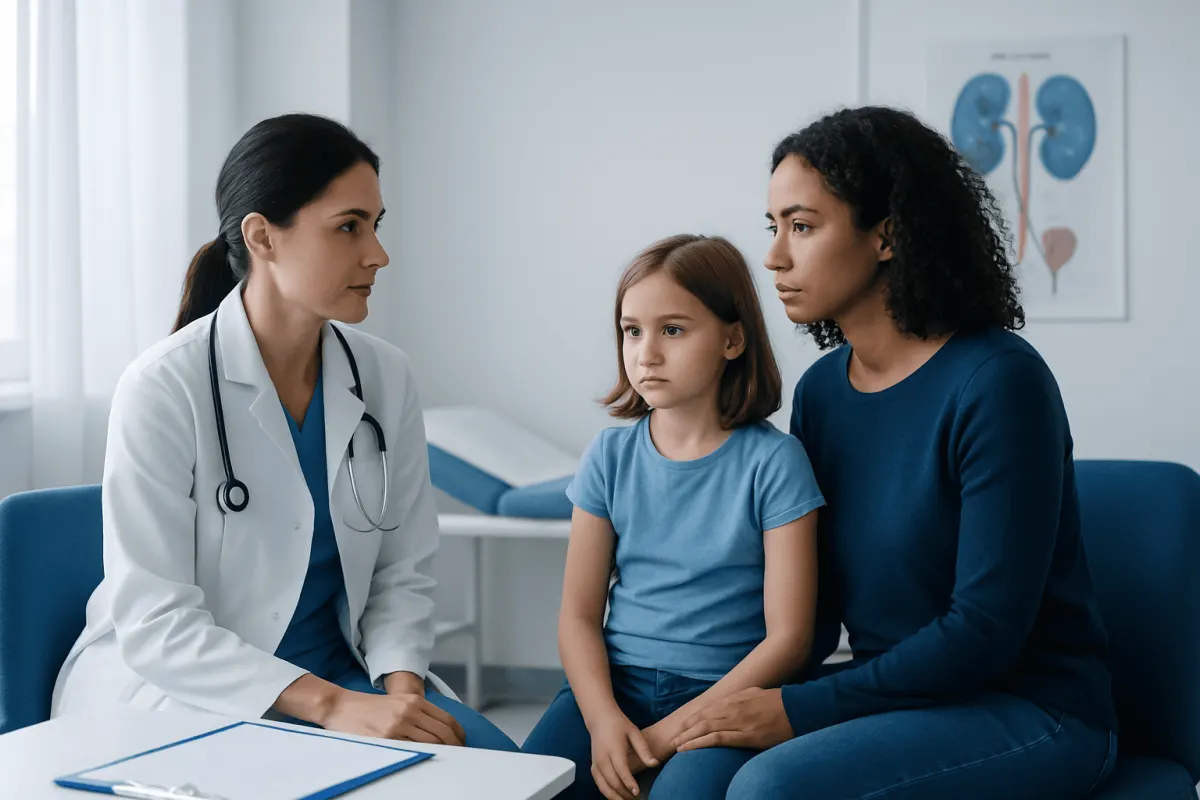 Pediatric consultation at Acibadem Hospital with doctor and young patient.