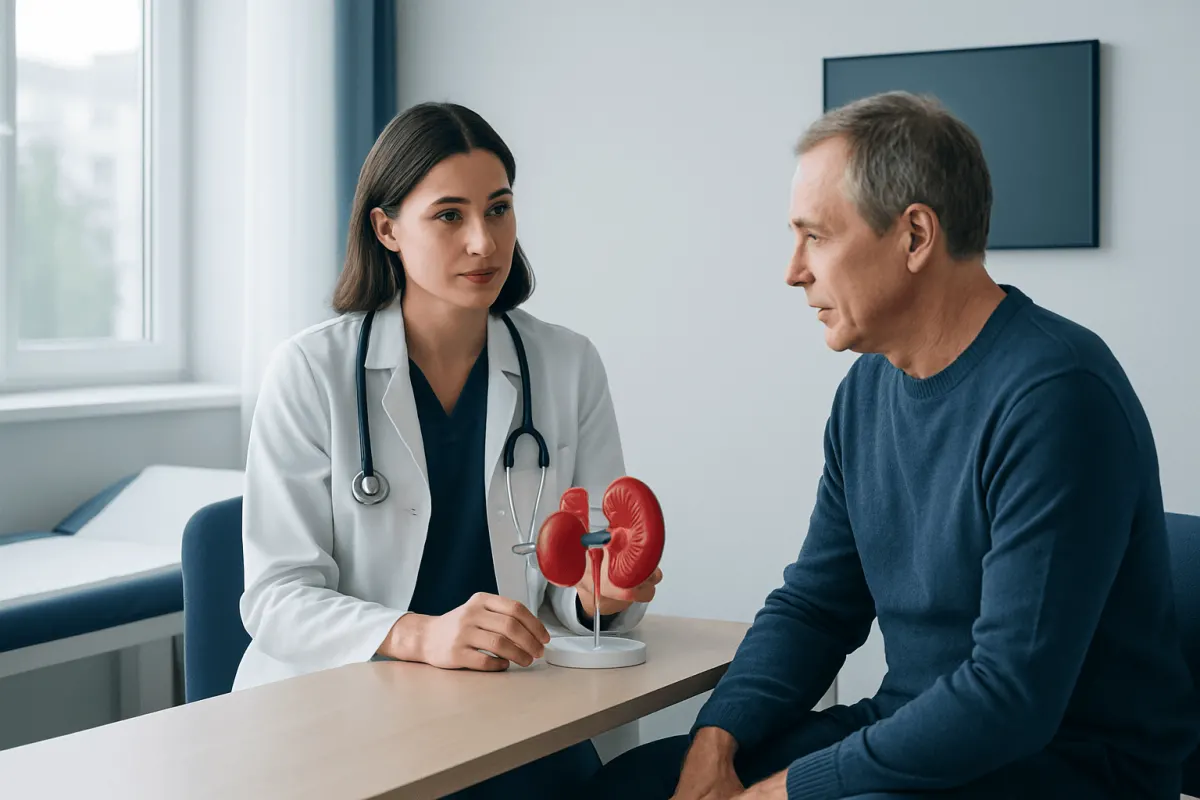 Doctor explaining kidney model to patient in consultation room.