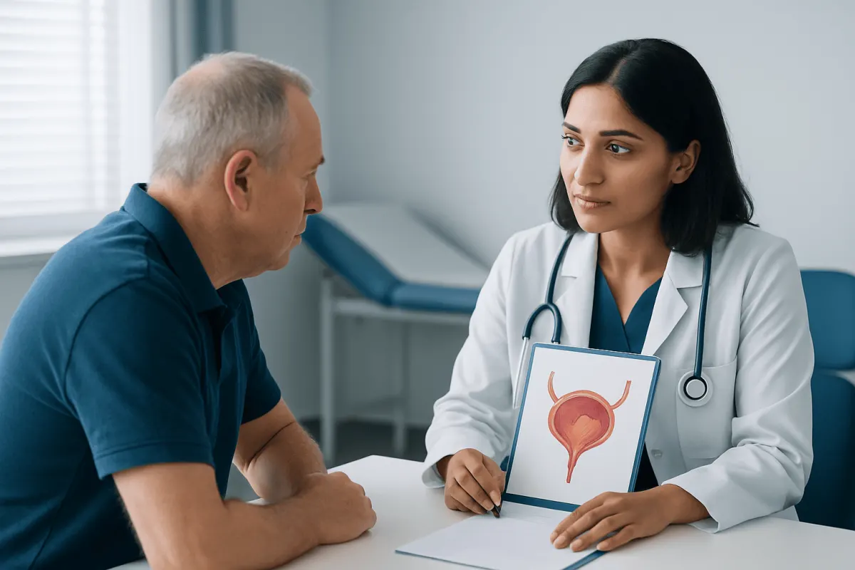 Urologist explaining bladder health to a patient with bladder diagram.