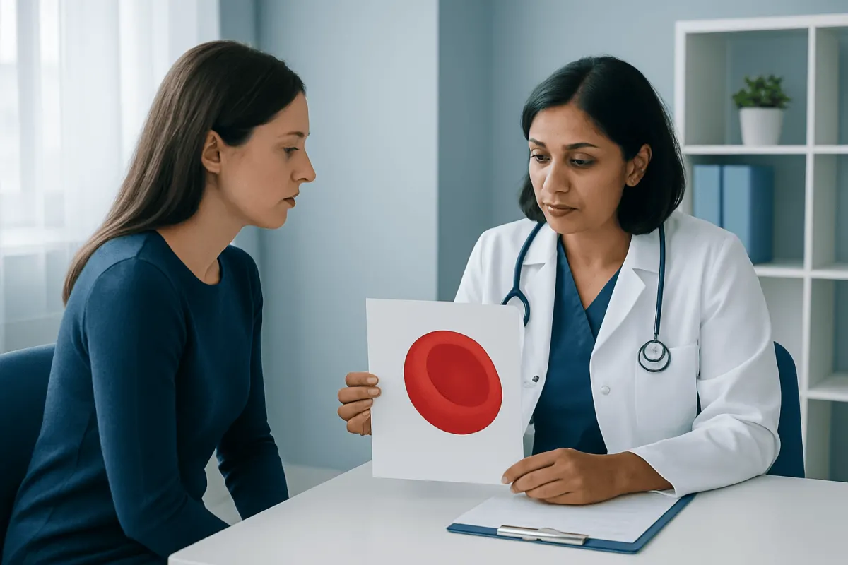 A woman consulting a doctor with a blood test result in a clinical setting.