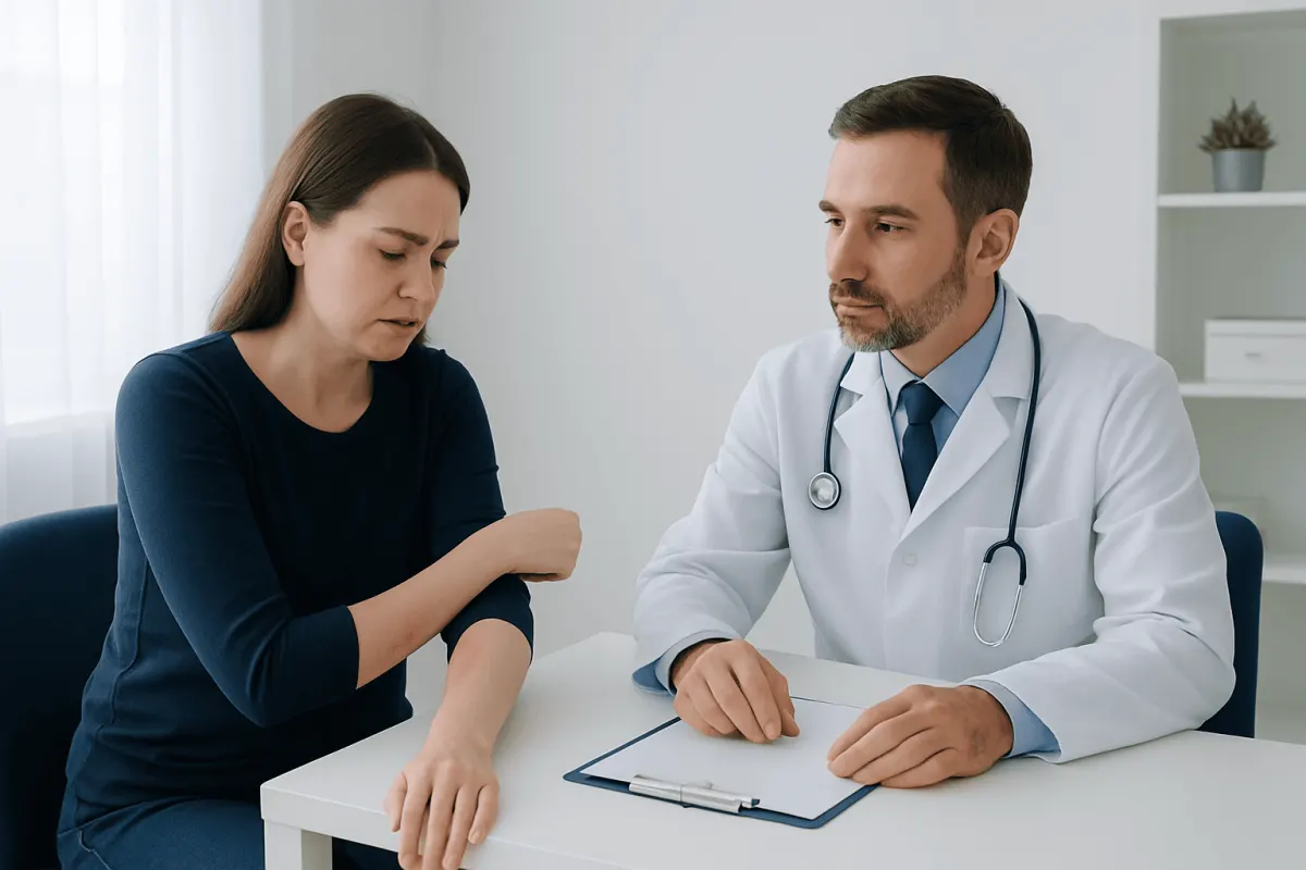 Doctor examining patient's skin for eczema symptoms in a clinic setting.