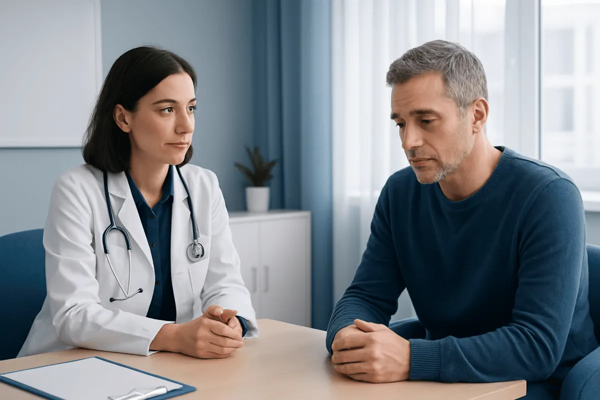 Doctor consulting with male patient about sleep disorder symptoms.