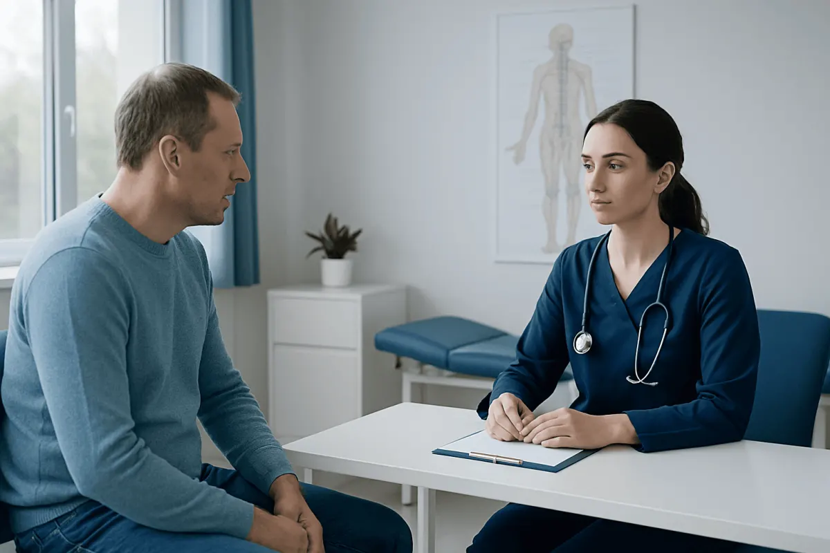 Doctor consulting patient in a medical office with anatomy chart in background.