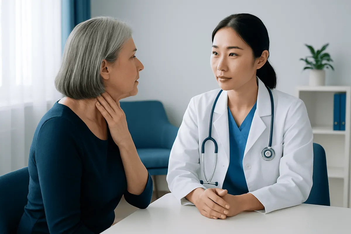 Doctor consulting with an elderly woman in a medical office.