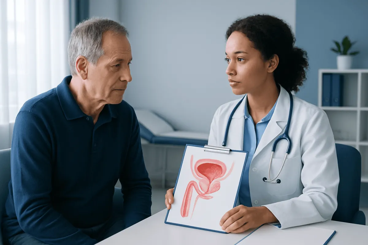 Urologist explaining prostate health to an older male patient.