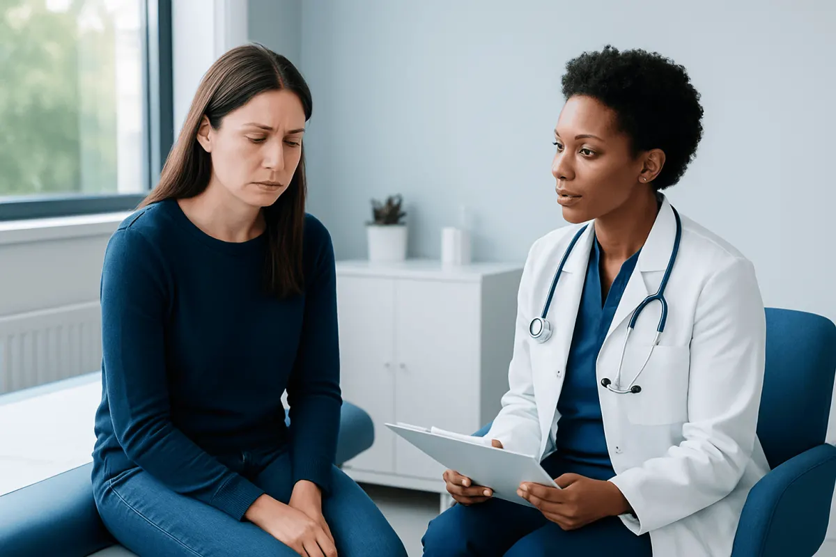 Doctor consulting with a patient about health concerns in a medical office.