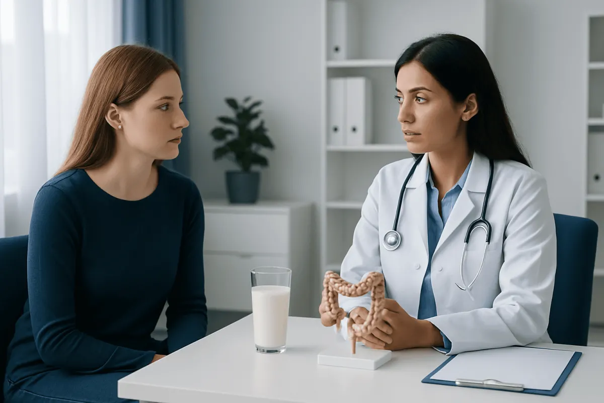 Doctor explaining lactose intolerance to a patient with a model of the digestive system.