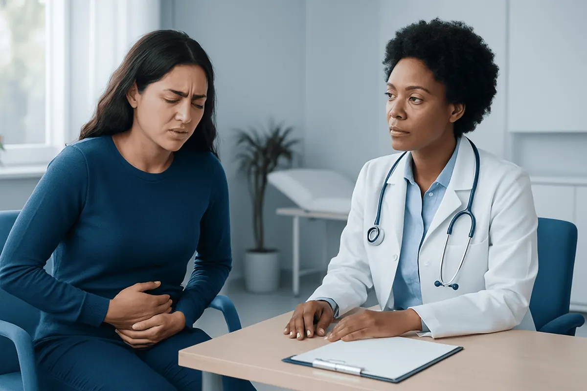 Woman experiencing menstrual pain consulting a doctor in a clinic.