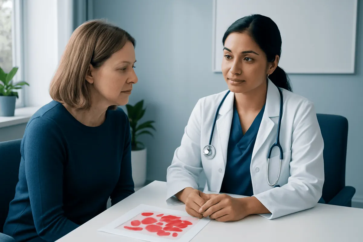 Doctor explaining blood disorder to patient in a clinical setting.