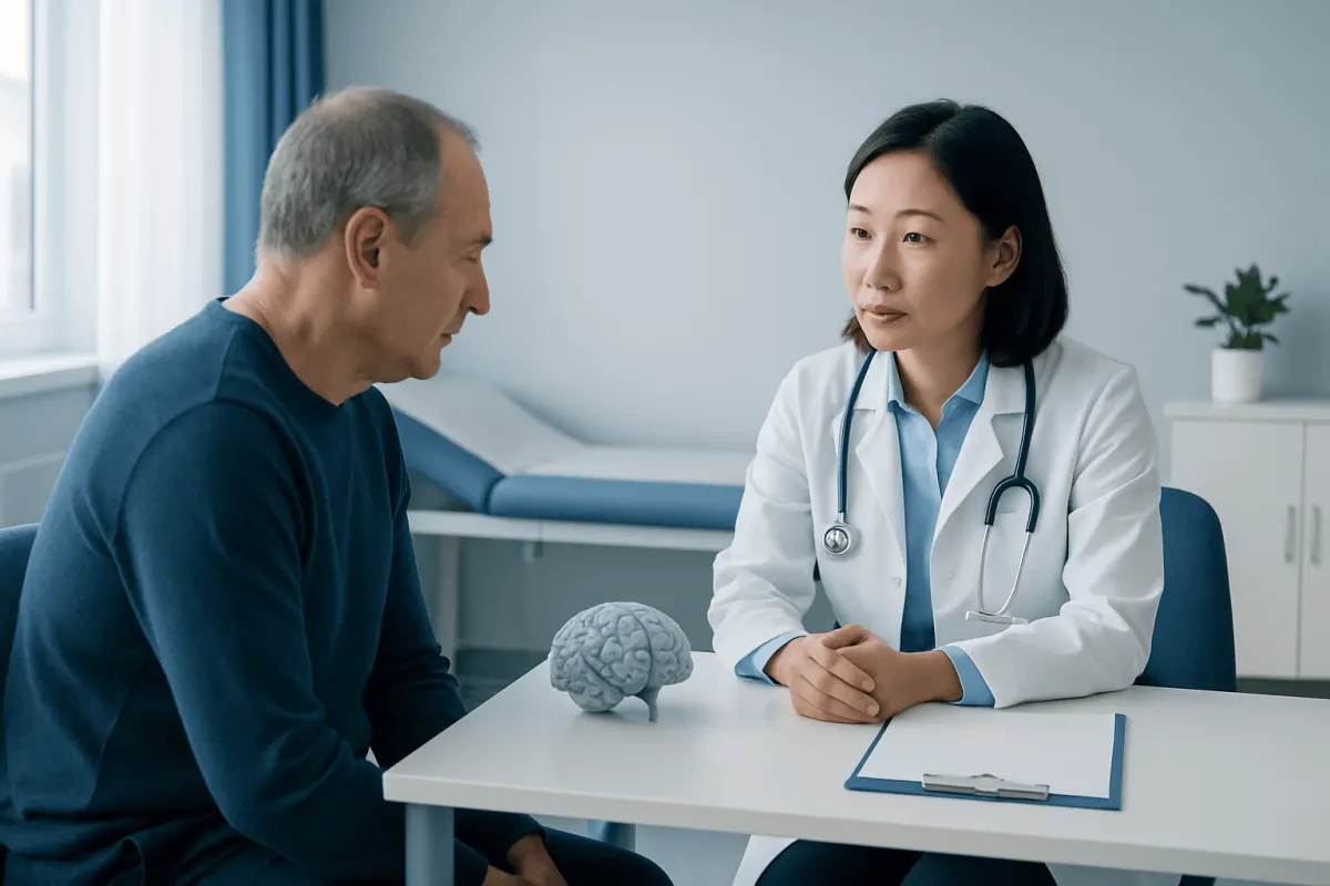 Doctor discussing brain health with an elderly patient in a clinic.