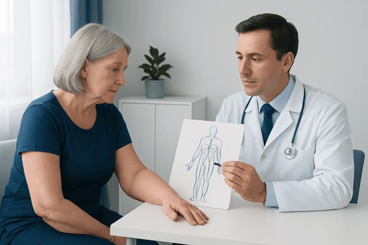 Doctor explaining lymphedema to an elderly woman with diagram.