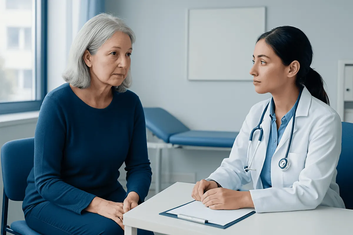 Doctor consulting with an older woman in a medical office.