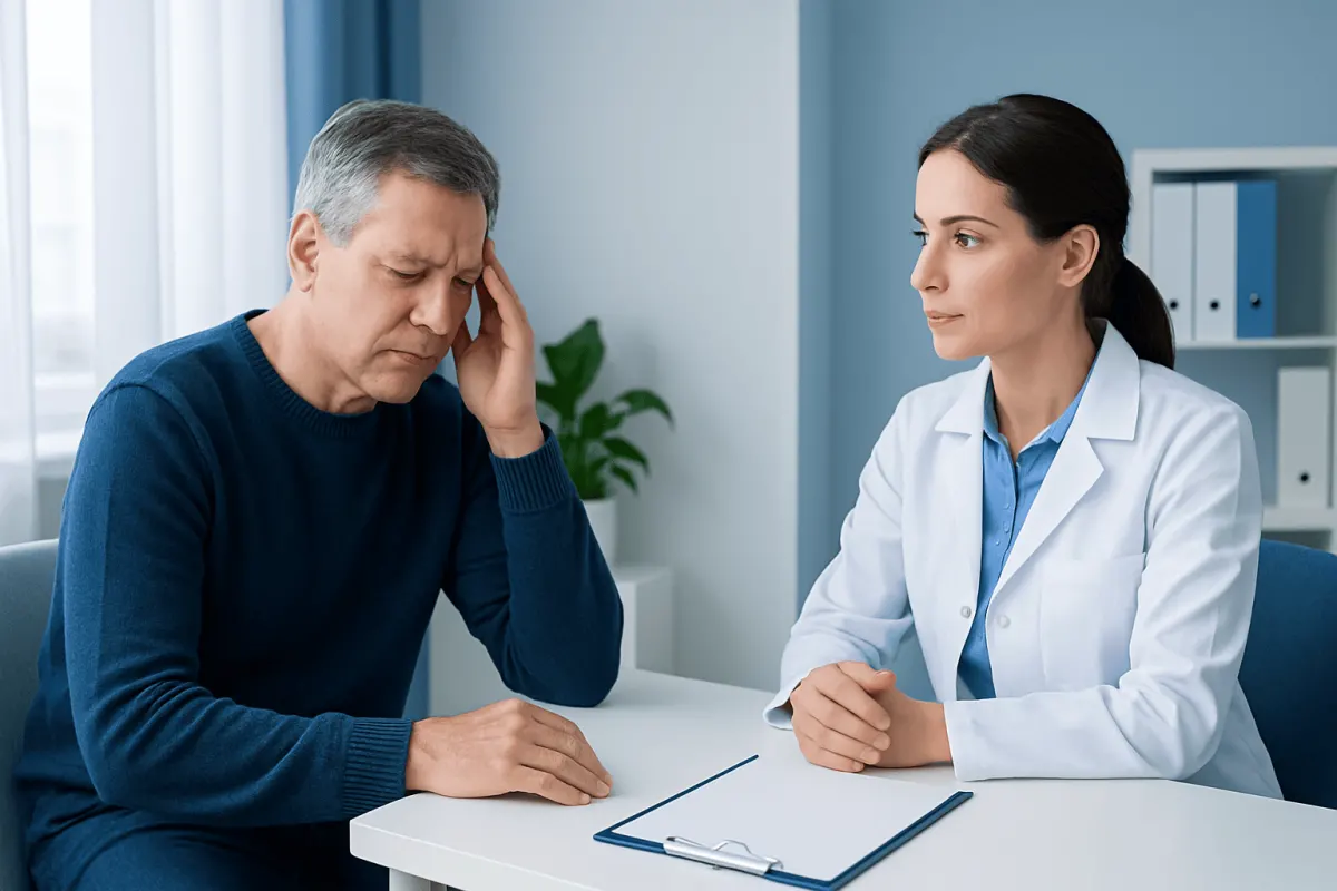 Doctor consulting with a patient experiencing dizziness or vertigo symptoms.