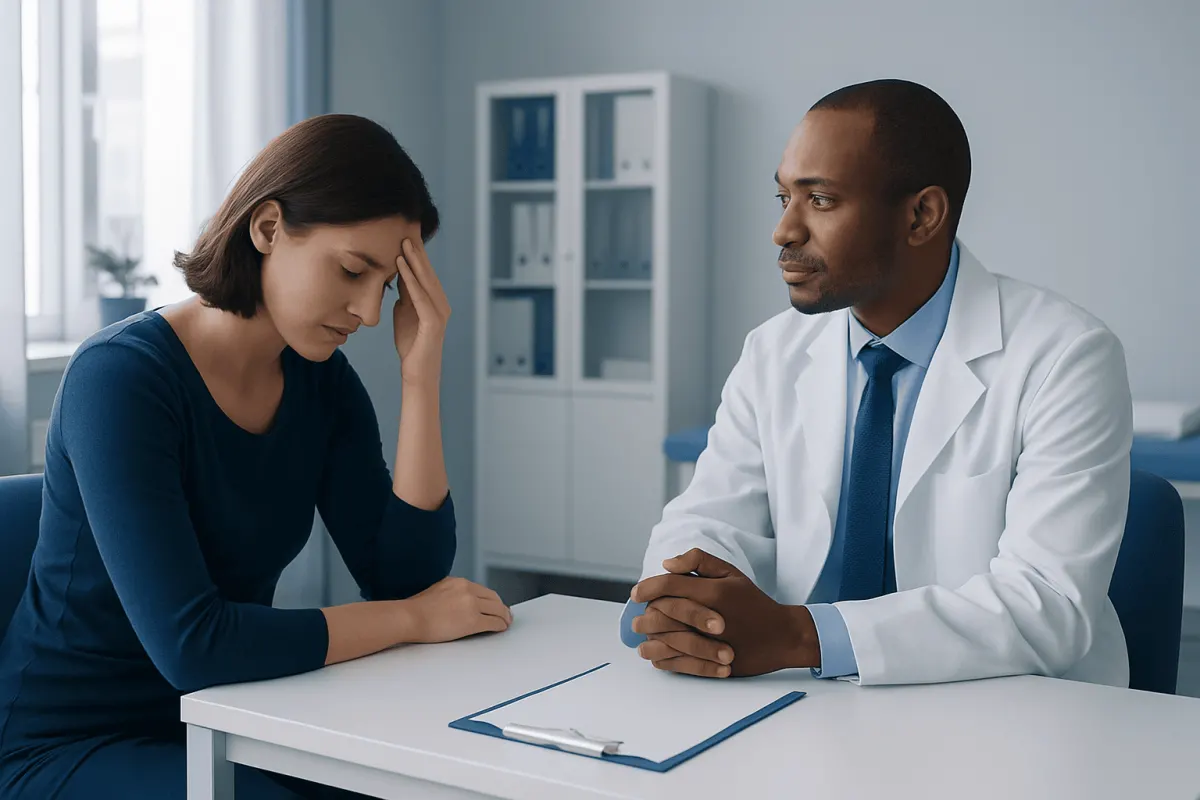 Woman experiencing headache consulting with doctor in clinic.