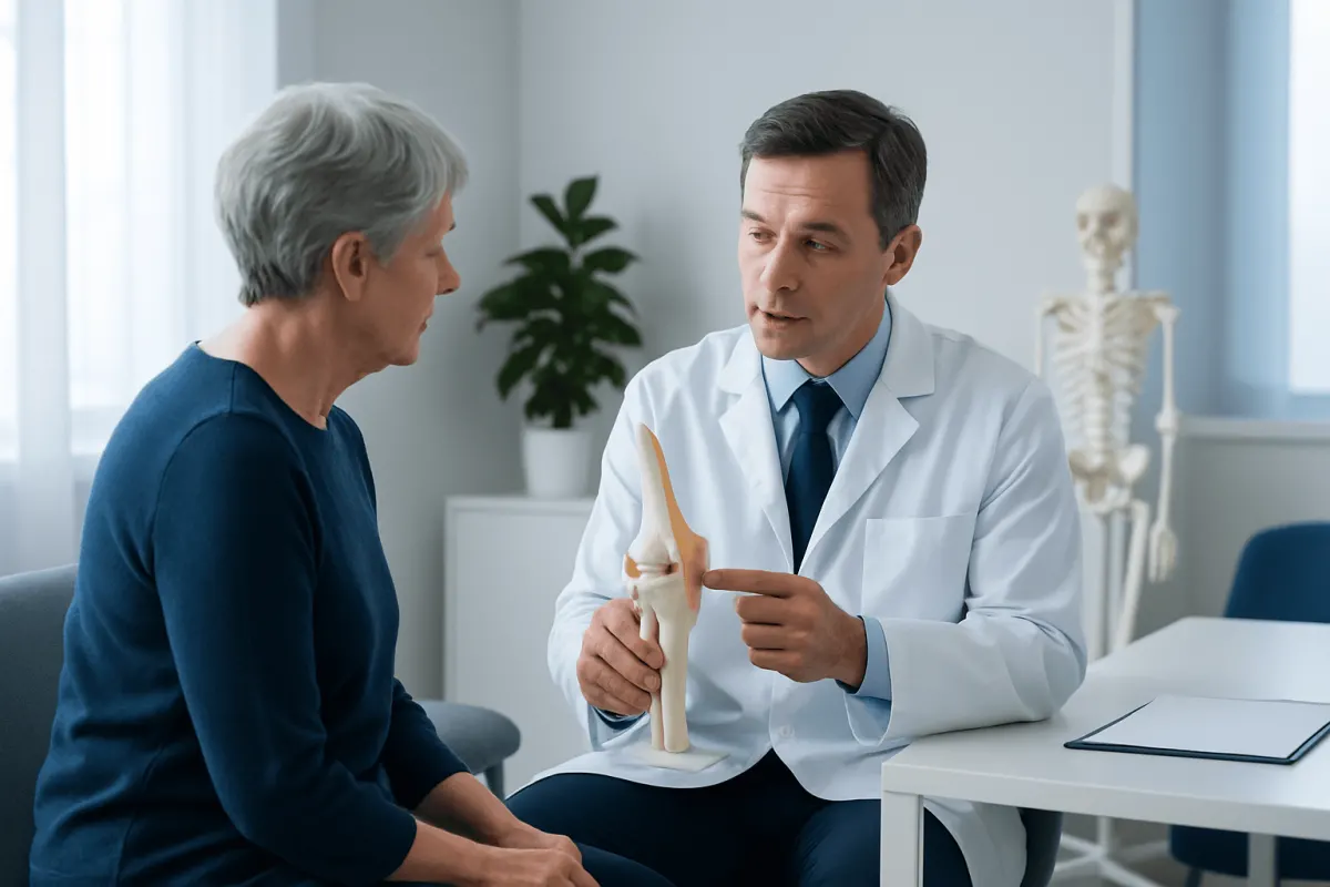 Orthopedic doctor explaining knee joint to elderly woman in clinic.