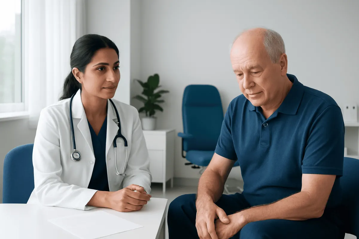 Doctor consulting with a patient about nerve testing for diabetic neuropathy.