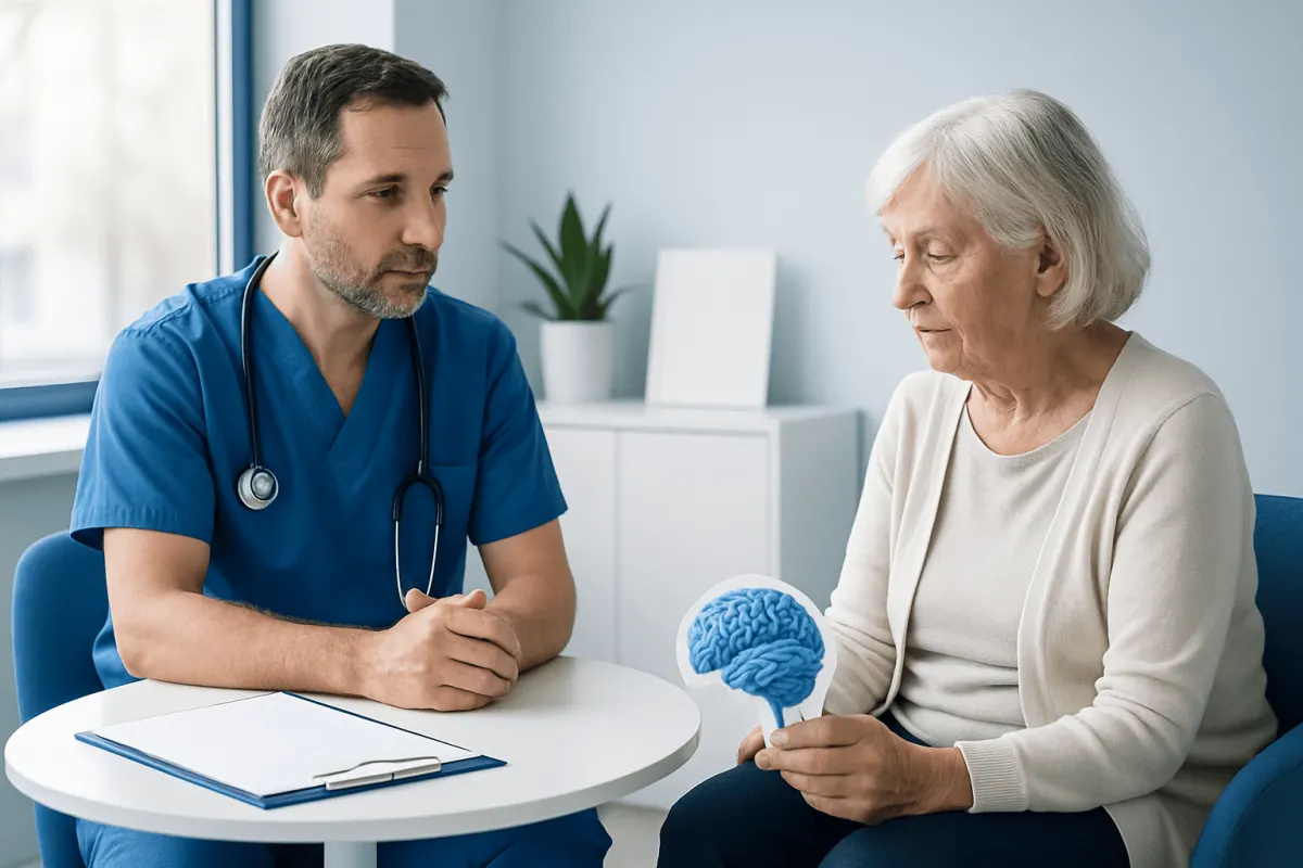 Doctor consulting elderly woman about brain health and neurodegenerative signs.