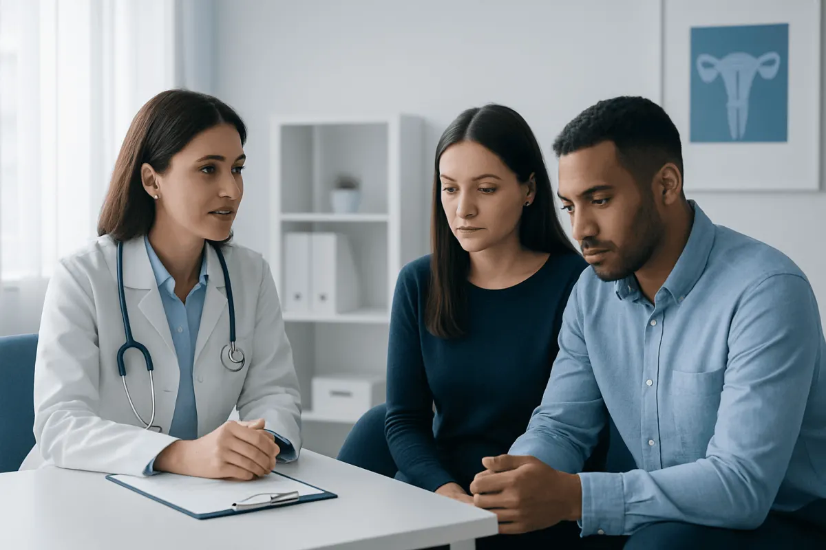 Doctor consulting with a couple about fertility treatment options.