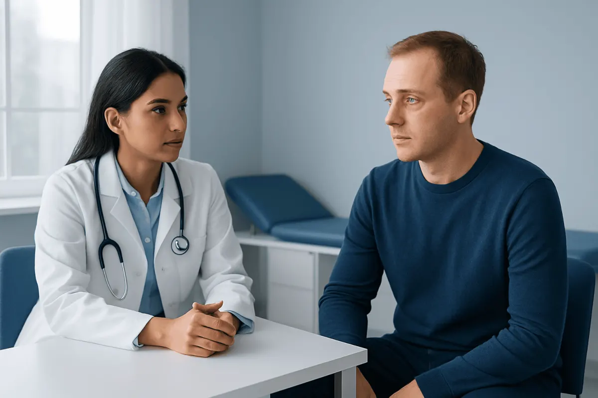 Doctor consulting with a male patient in a medical office.