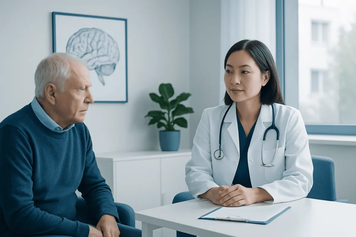 Doctor consulting with elderly patient in a medical office.