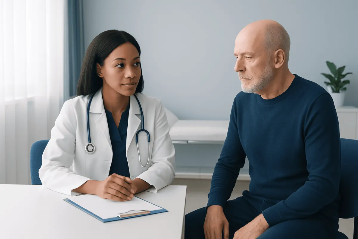 Doctor consulting with an older male patient in a medical office.