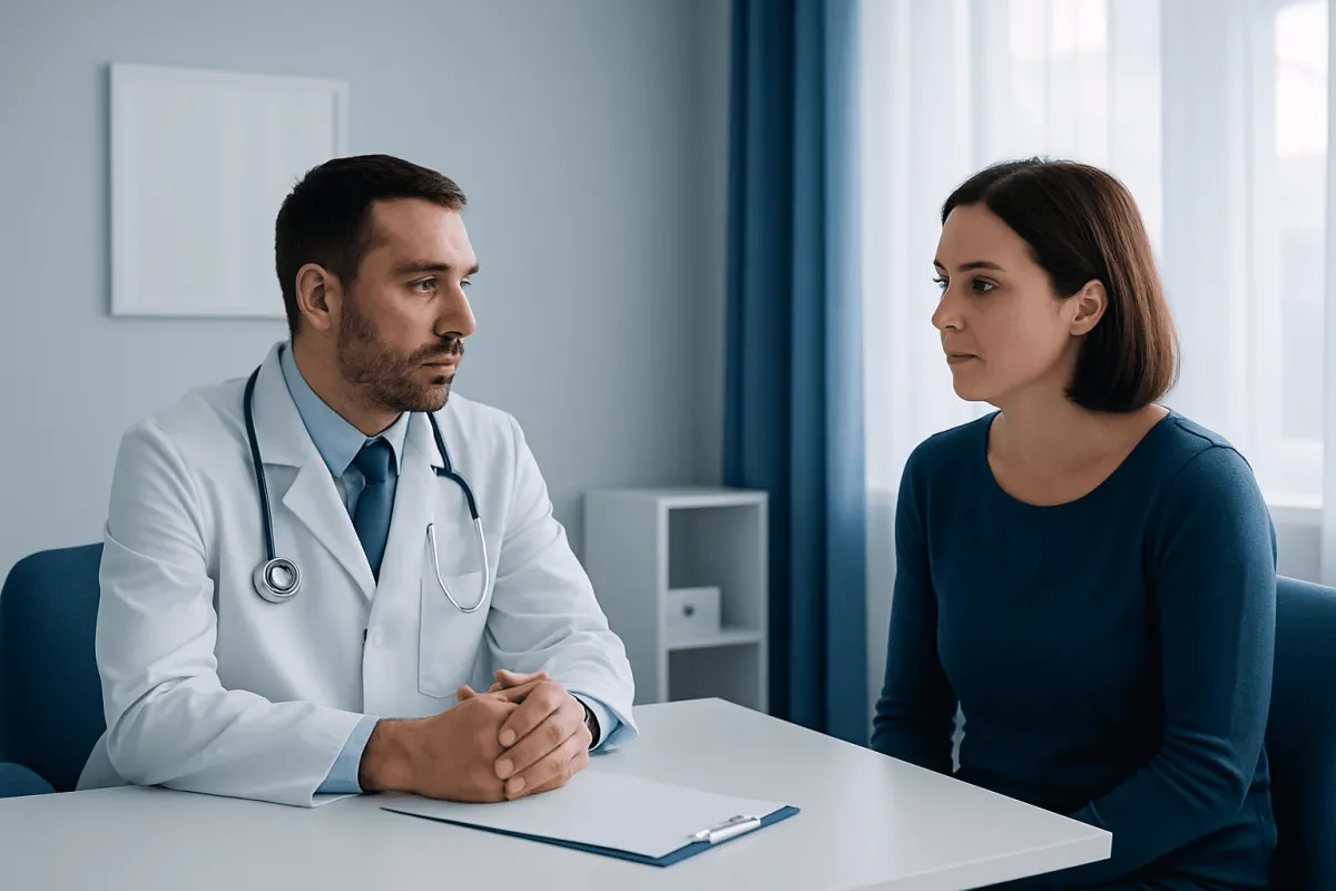 Doctor consulting with a female patient in a medical office.