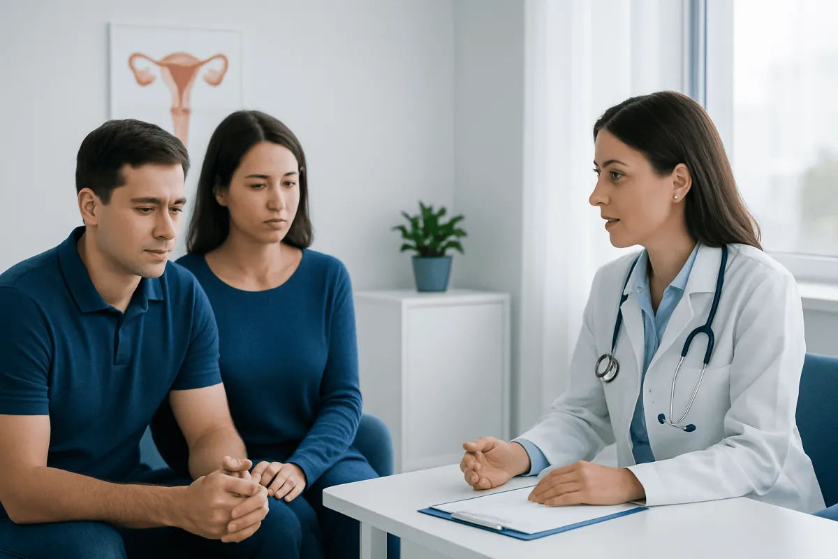 Doctor consulting with a couple about fertility issues in a clinic setting.