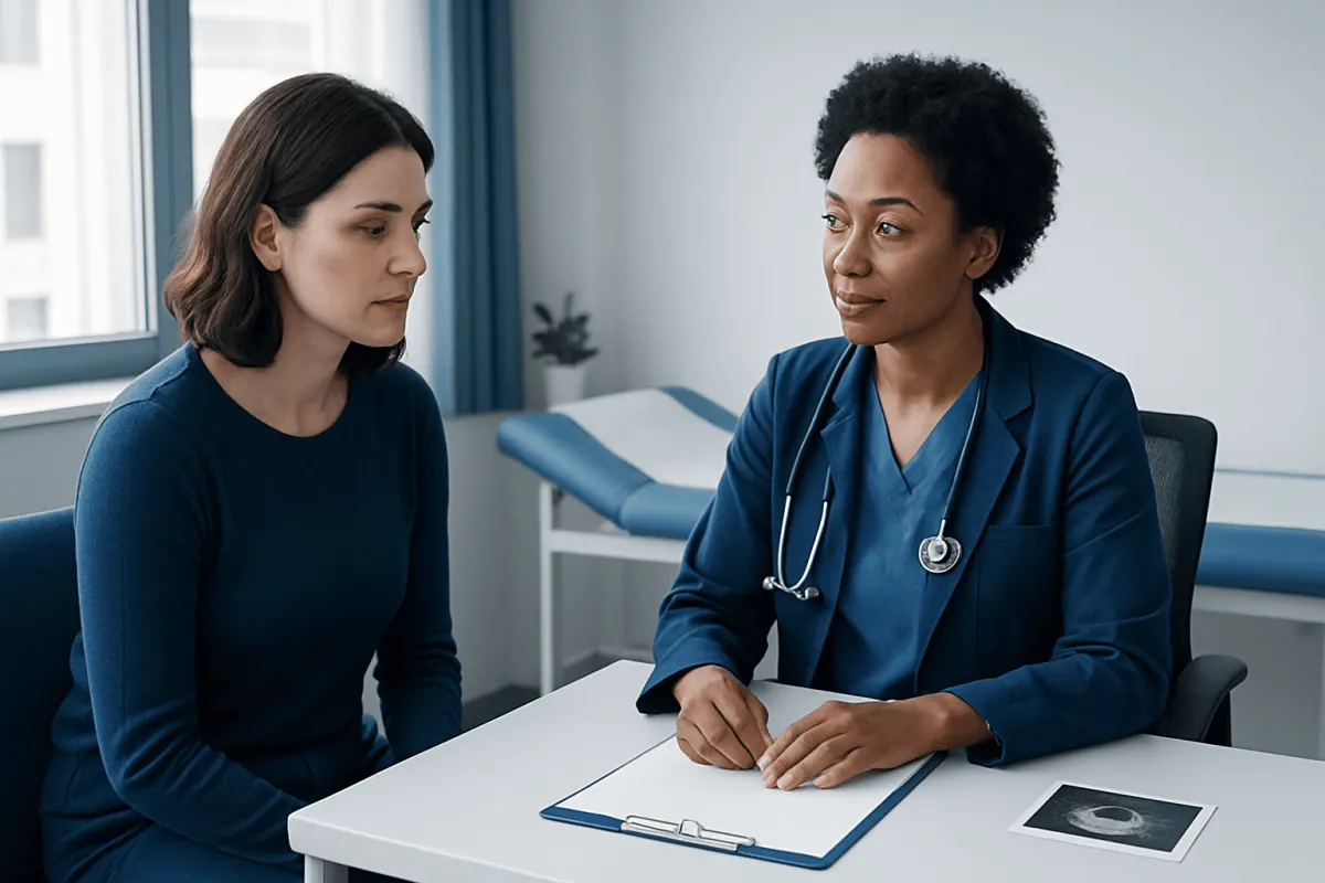 Doctor consulting with patient about breast health and ultrasound findings.