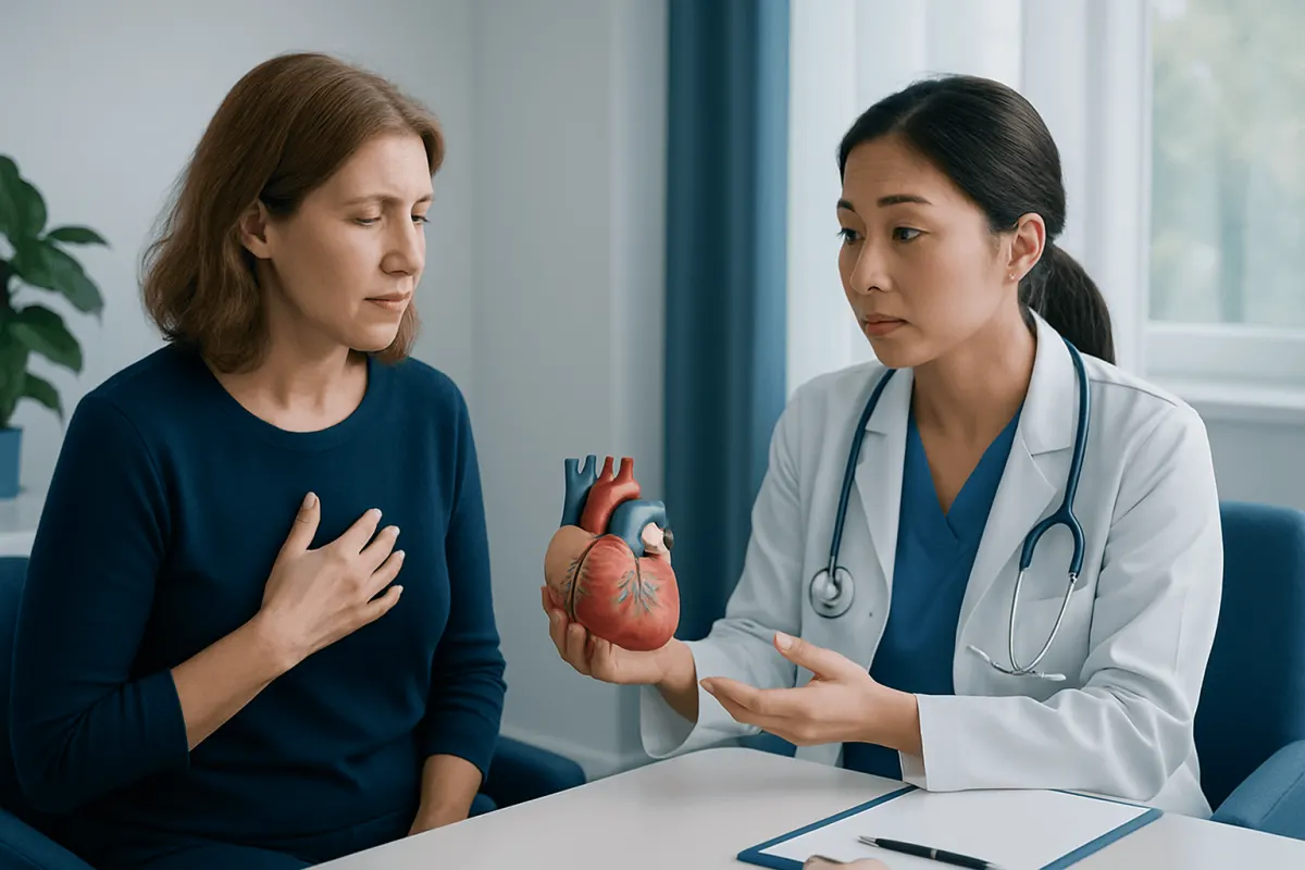 Doctor explaining heart health to a woman patient with a model of the heart.