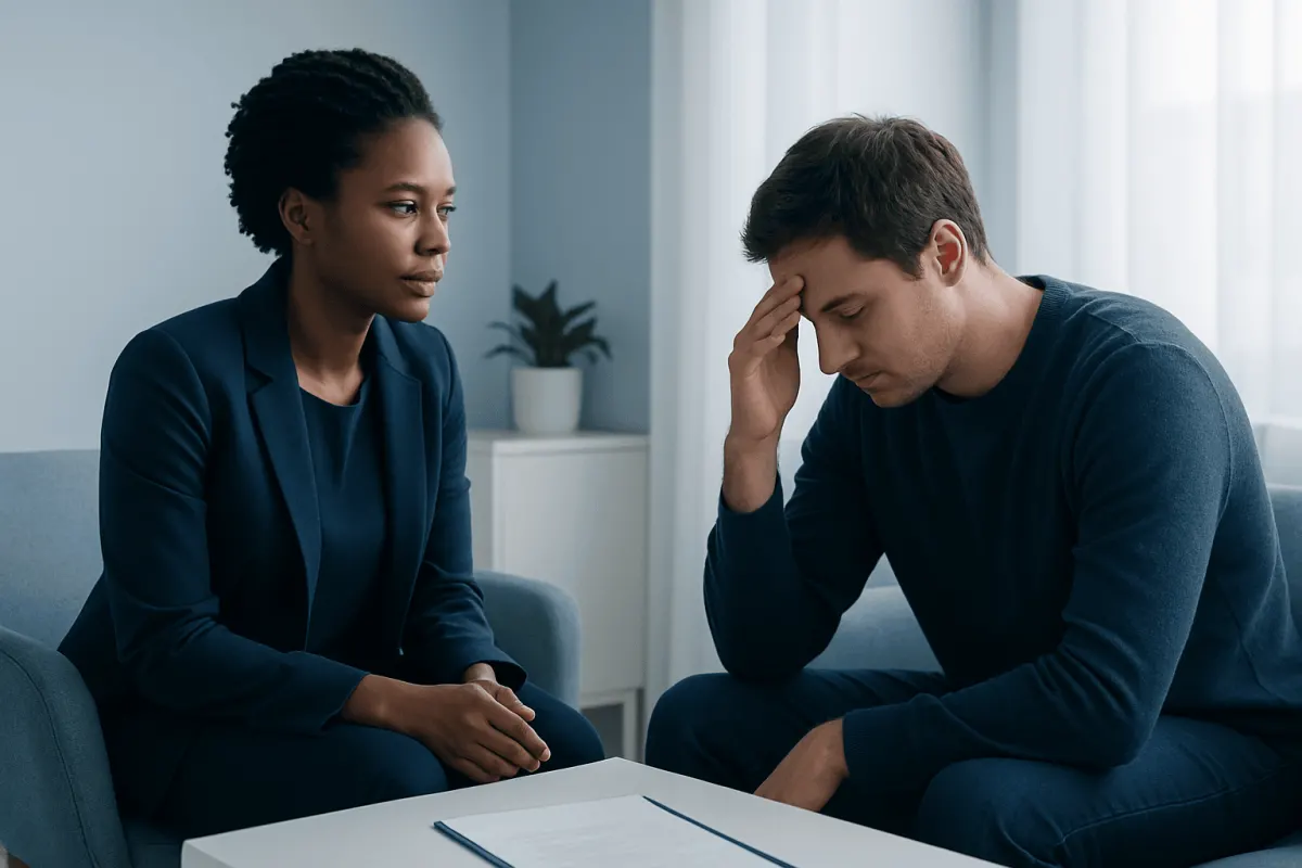 Therapist listening to a patient during a mental health consultation.