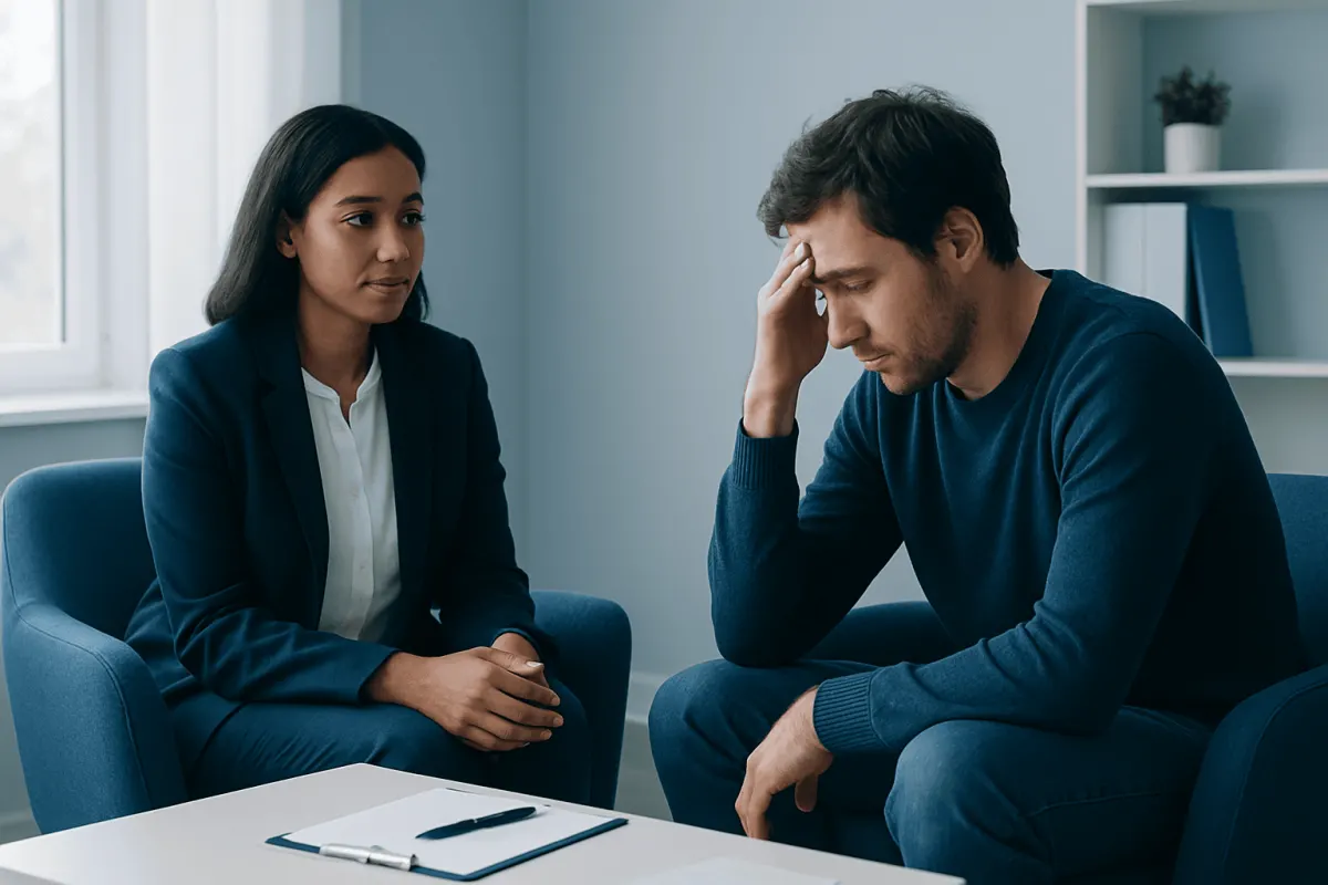 Therapist listening to a patient during a mental health consultation.
