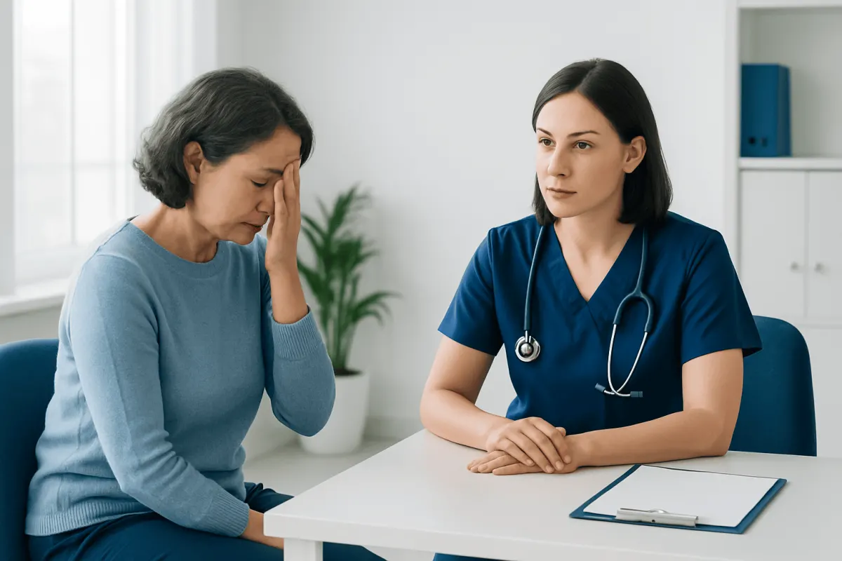 Doctor consulting with a patient experiencing vision issues in a clinical setting.