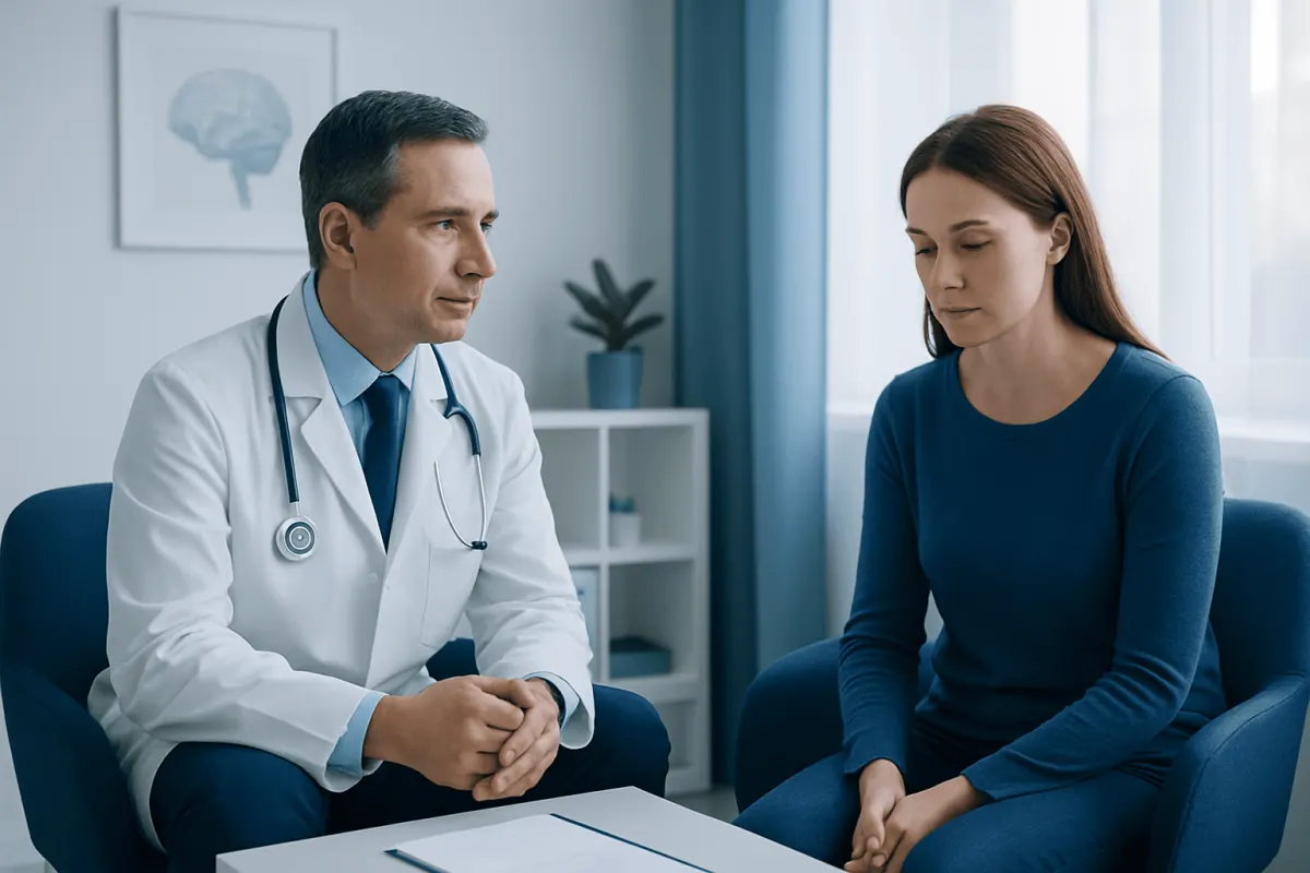 Doctor consulting with a young woman in a medical office setting.