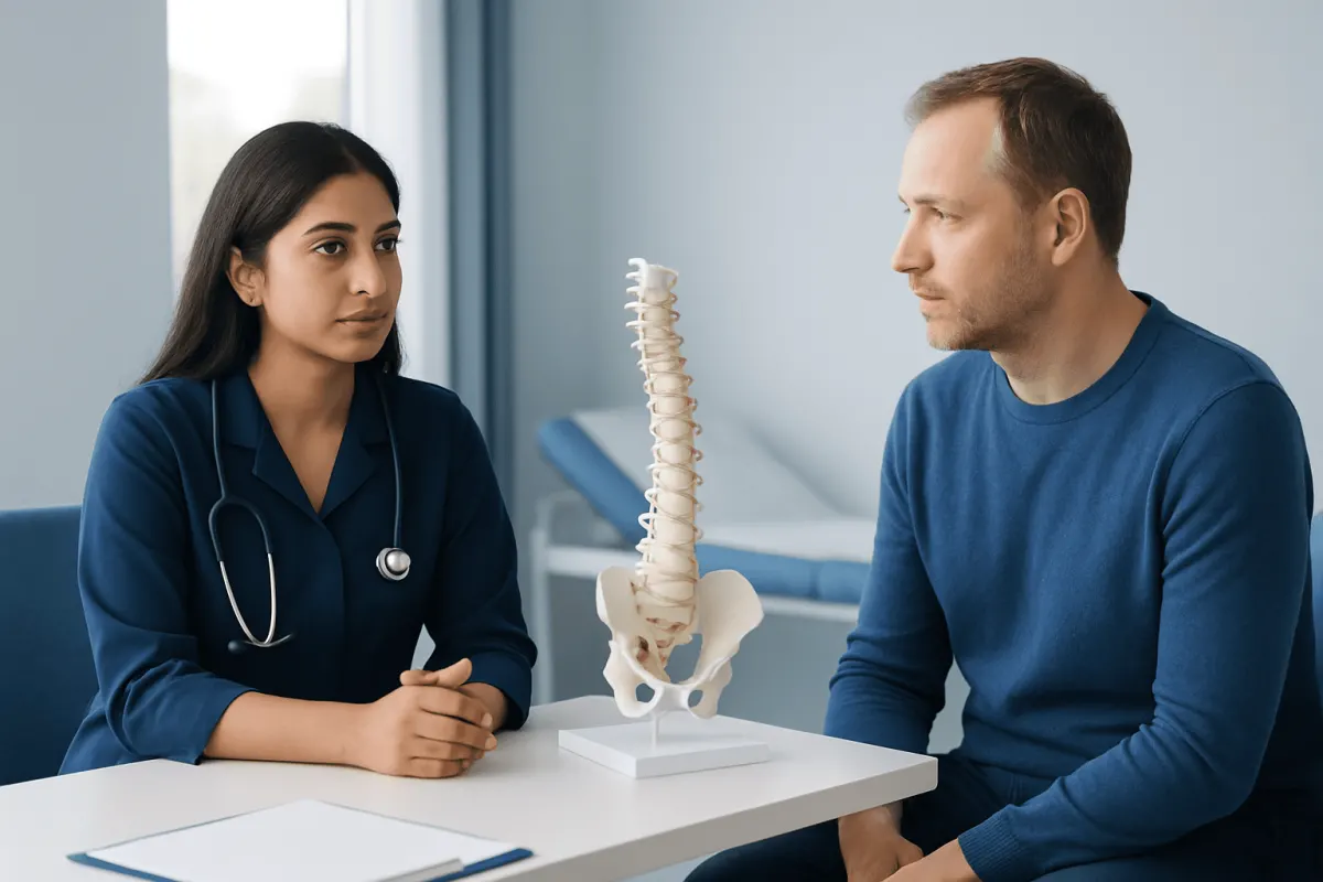 Doctor explaining spinal health to patient with spine model in clinic.