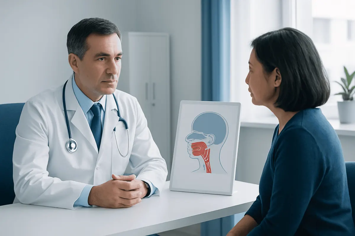 Doctor consulting with patient about nasopharyngeal cancer symptoms and diagnosis.