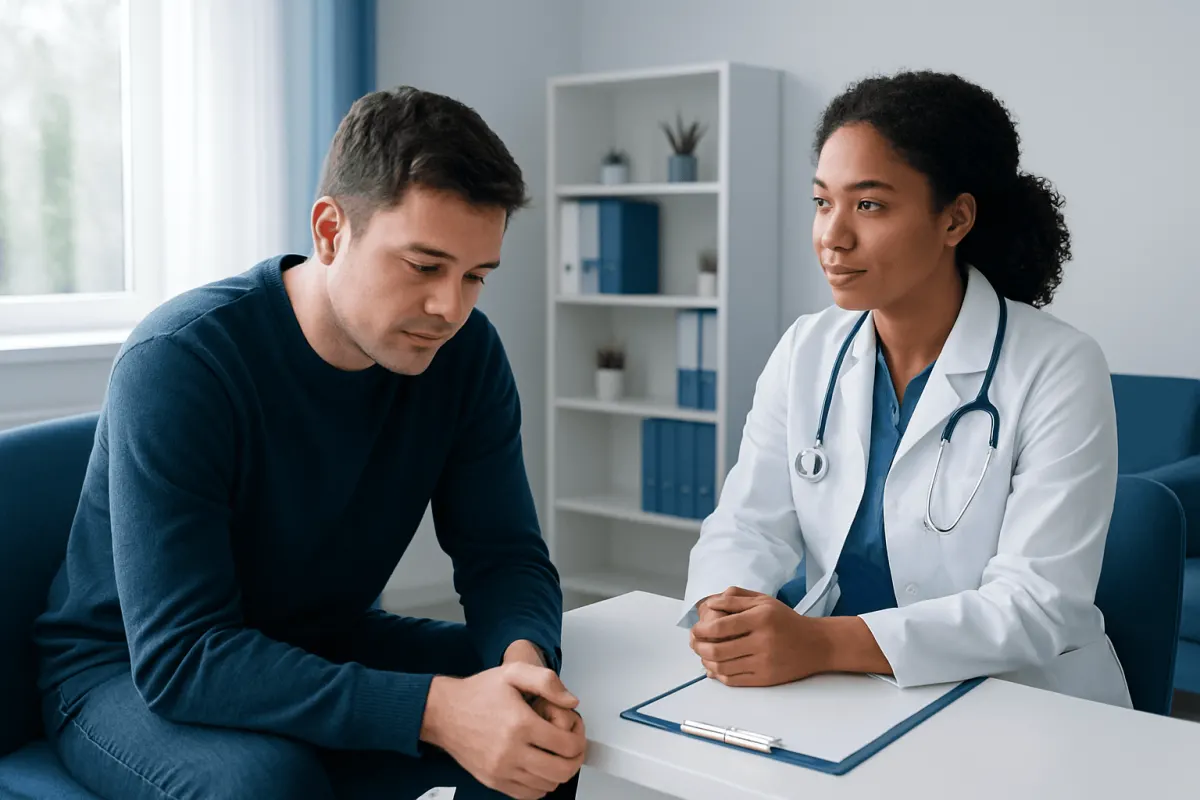 Doctor consulting with a patient in a modern medical office.