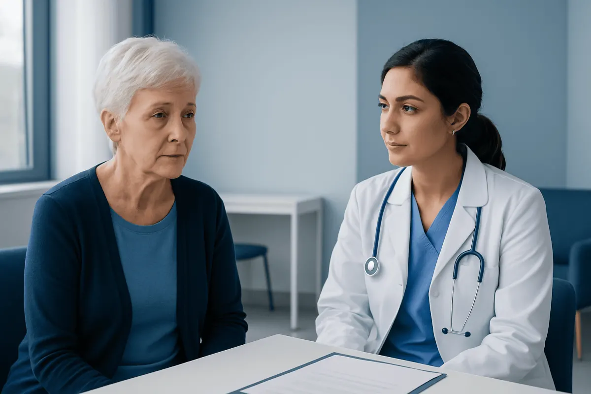 Doctor consulting with an elderly woman in a medical office.