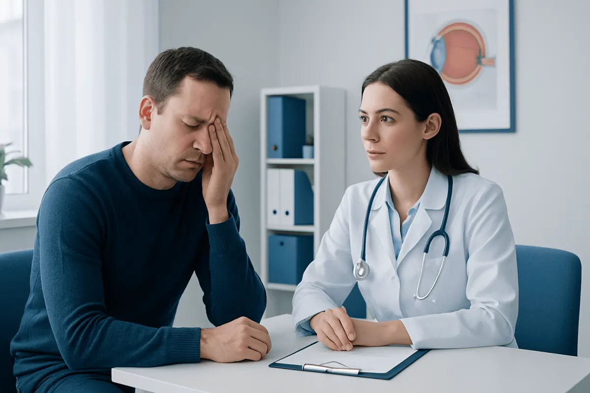 Patient experiencing eye pain consults with doctor in clinic.