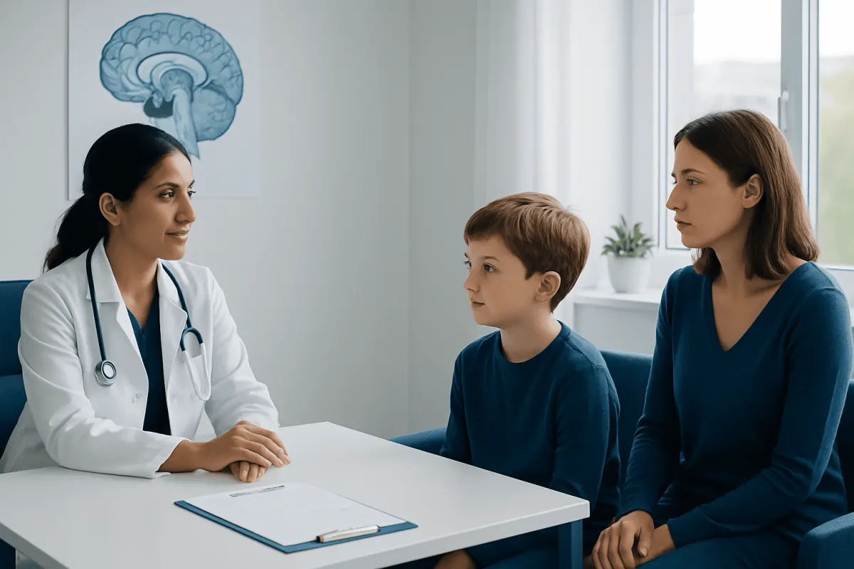 Doctor consulting with a young boy and his mother in a medical office.