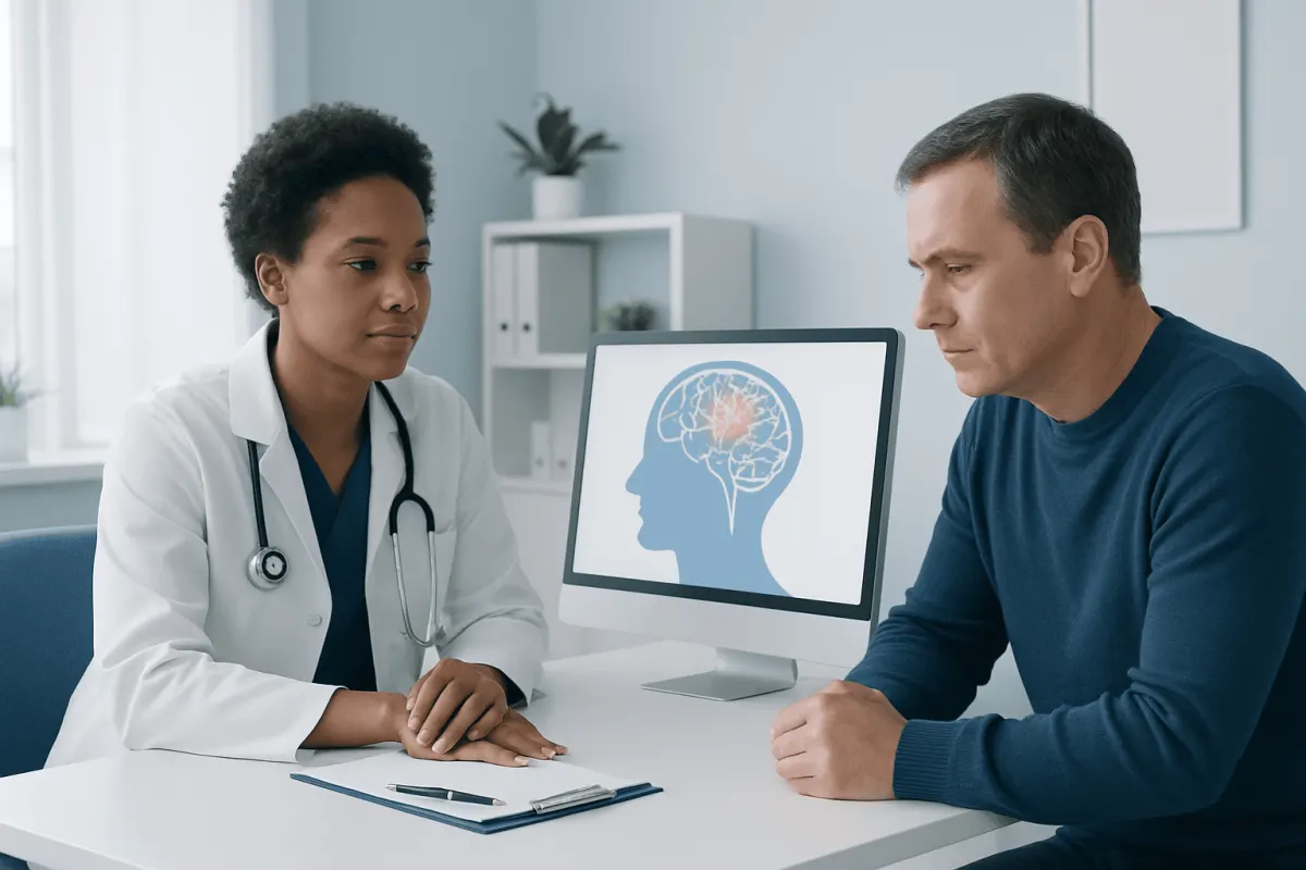 Doctor and patient discussing brain health in a medical consultation.