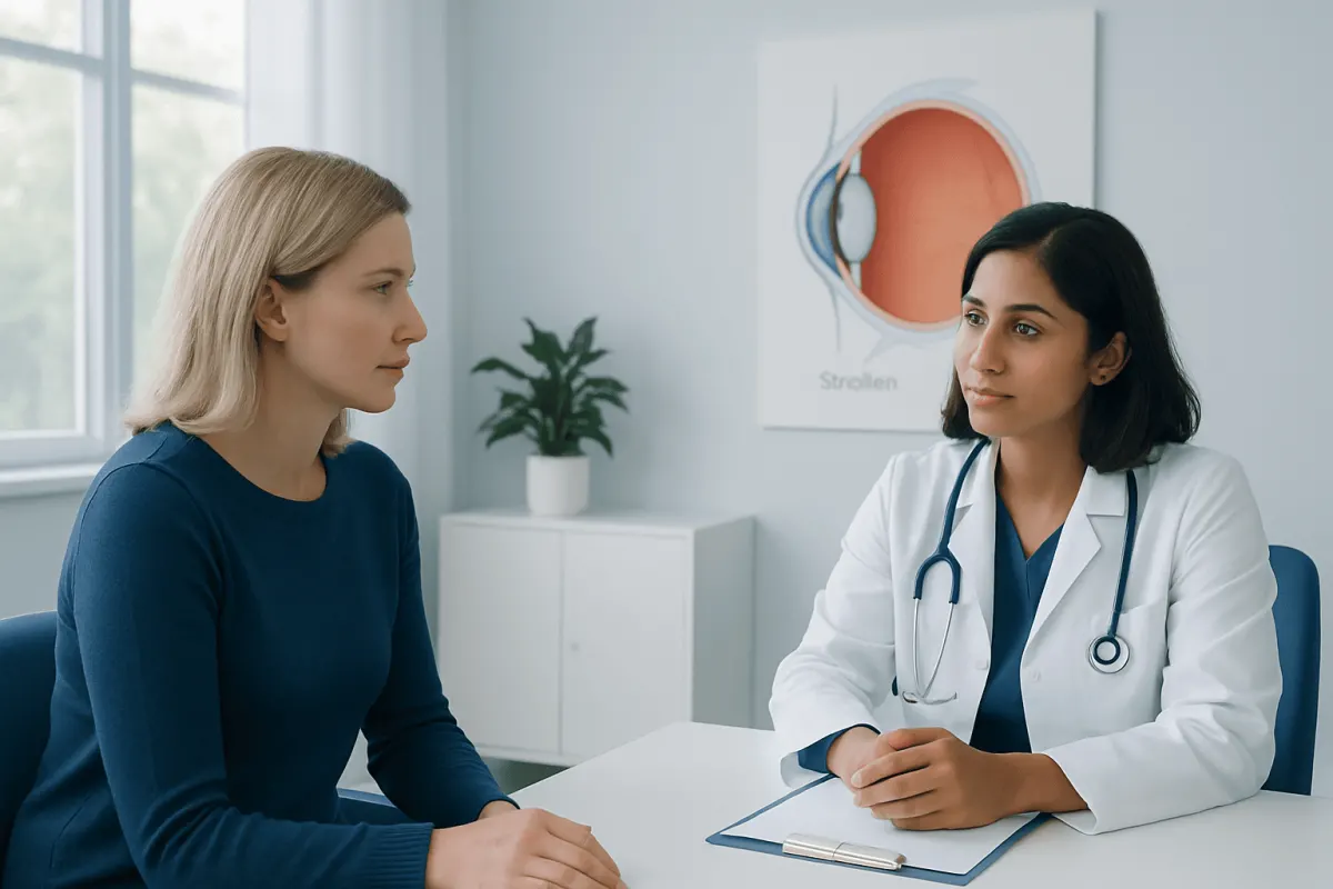 Doctor consulting with patient about optic nerve swelling diagnosis.