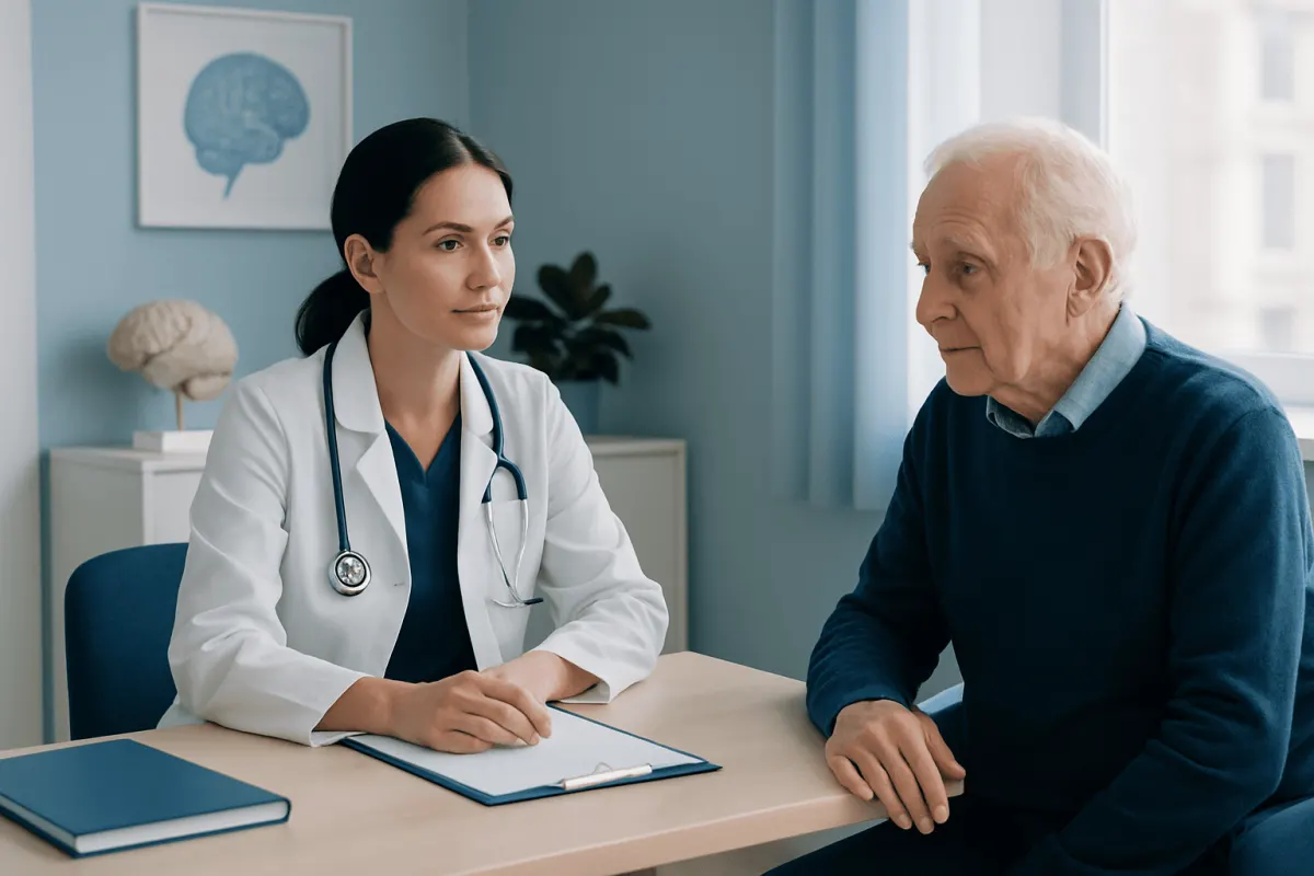 Doctor consulting elderly patient in a medical office setting.