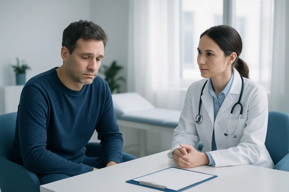 Doctor consulting with a male patient about sleep disorders in a clinical setting.