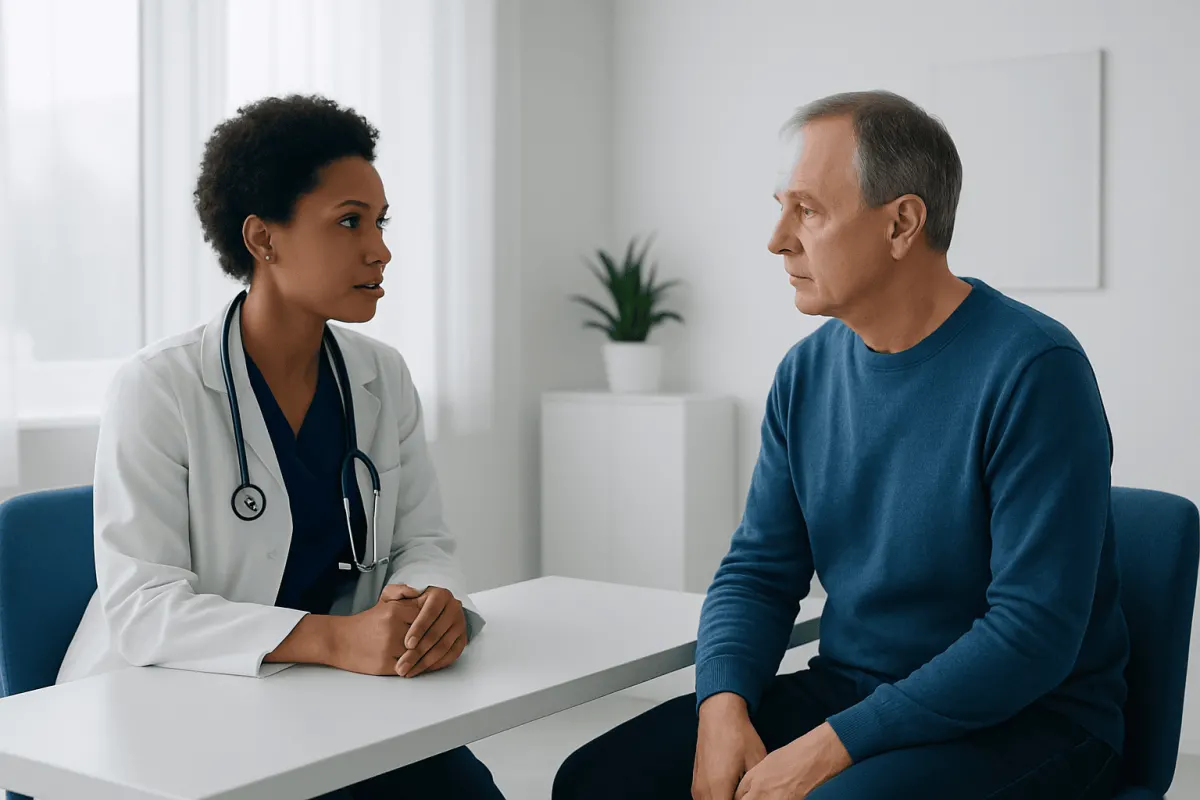 Doctor consulting with a male patient in a medical office.