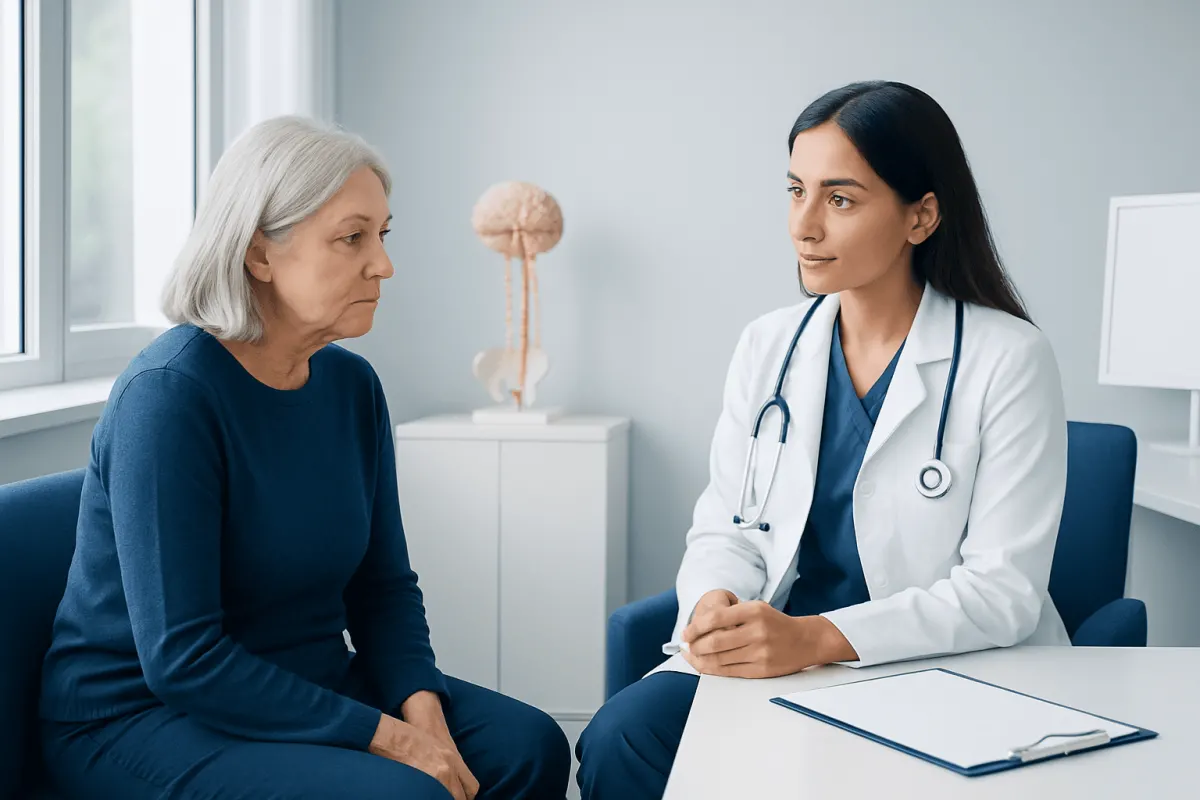 Doctor consulting with an elderly woman in a medical office.