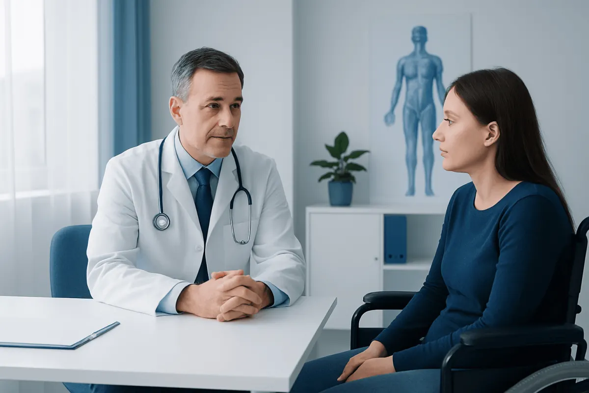 Doctor consulting a patient about neuromuscular health in a clinical setting.