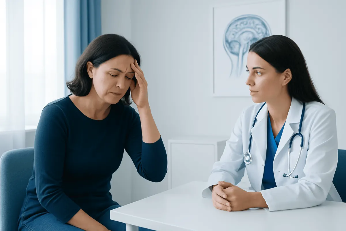 Doctor consulting with a woman experiencing headache symptoms.