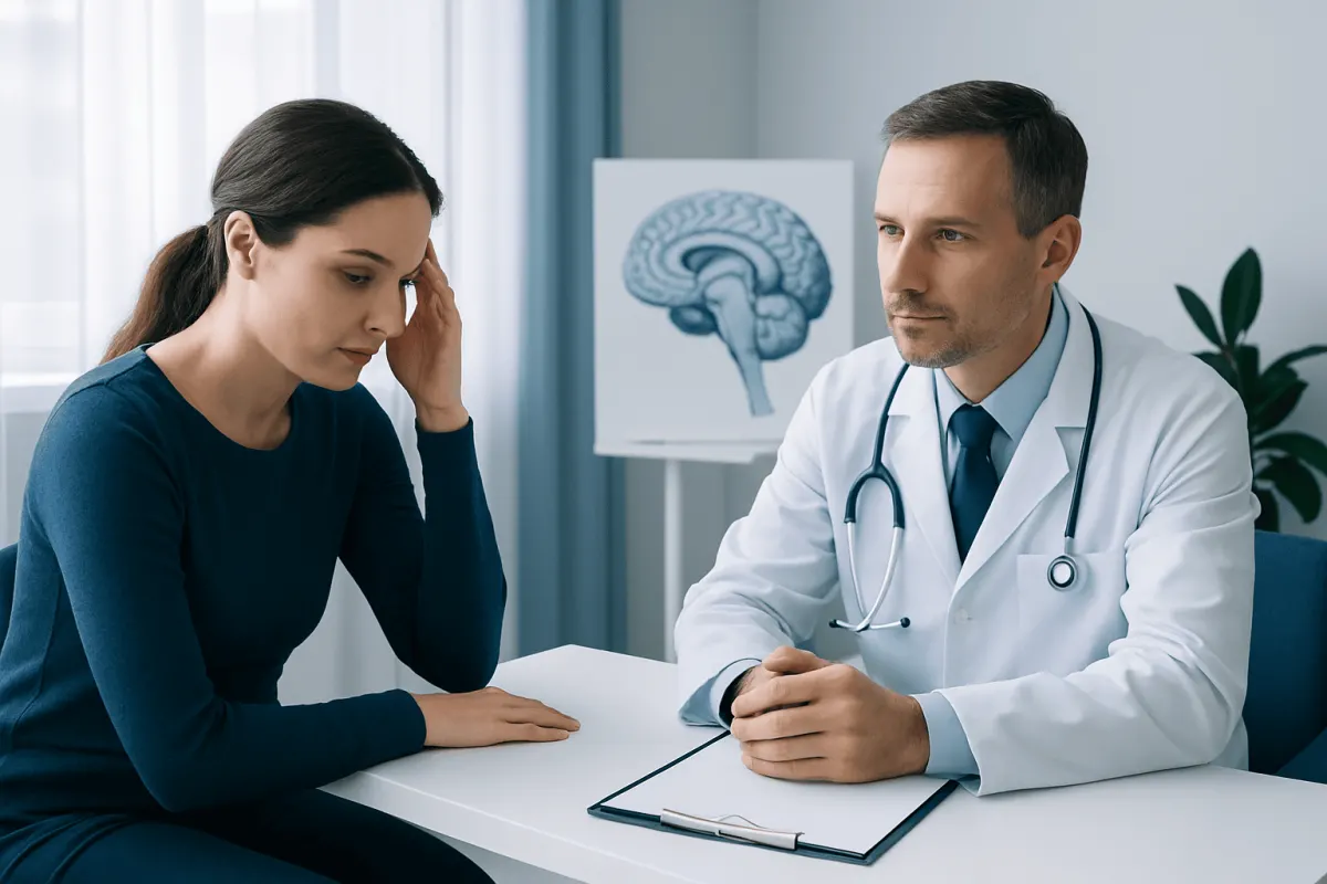 Doctor consulting with a patient about neurological symptoms in a hospital setting.