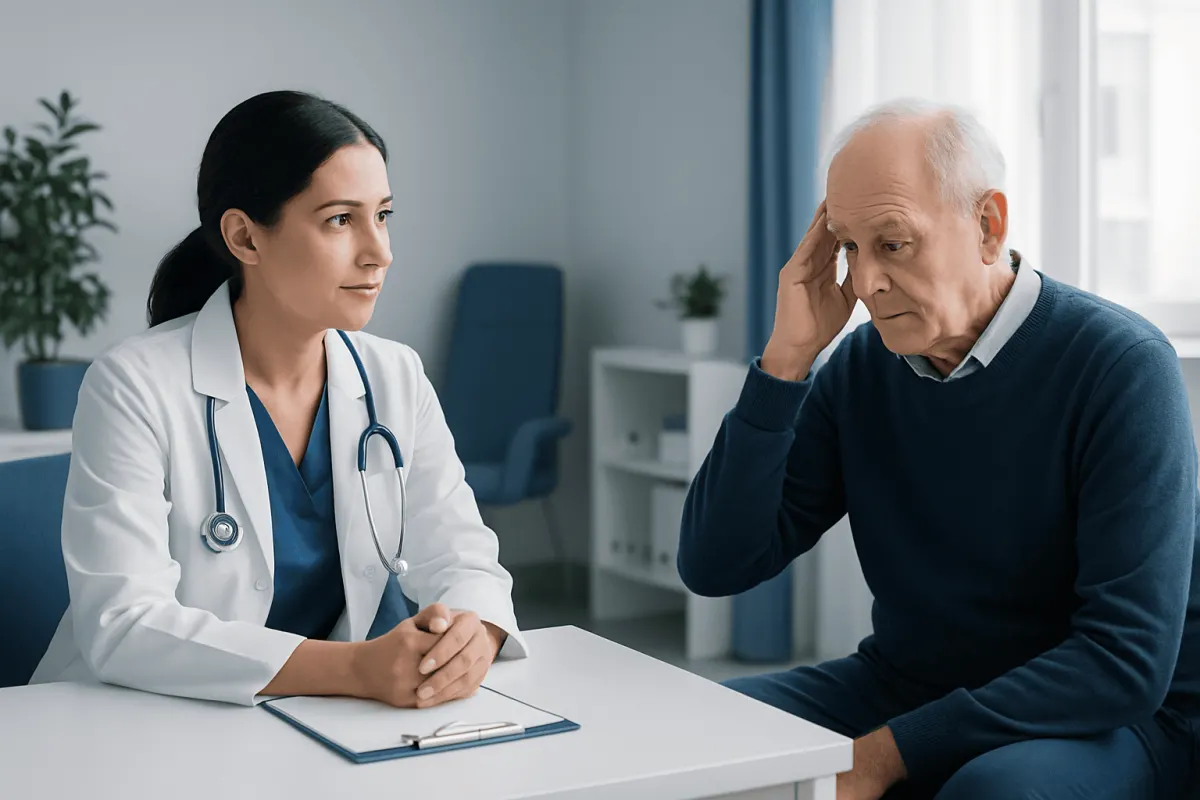 Doctor consulting with elderly patient about neurological health.