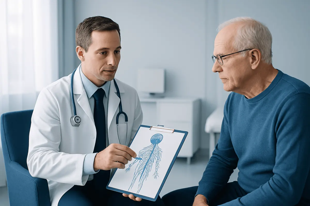 Doctor explaining nerve diagram to an elderly patient in a medical consultation.